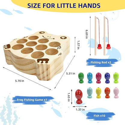 Wooden Magnetic Fishing Game for Toddlers 1-3, Frog Fishing Color Sorting Montessori Sensory Preschool Educational Learning Fine Motor Skills Toys for 3 4 5 Years Old Boys Girls