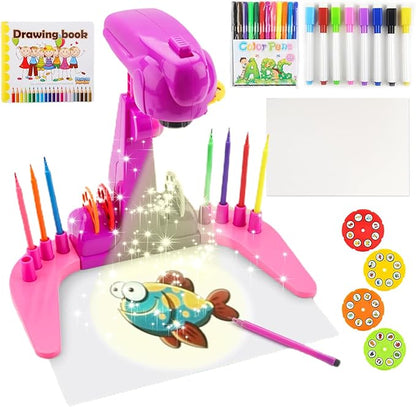 Kids Projection Drawing Toy,Smart Kids Projection Drawing Sketcher with 32 Cartoon Patters,Adjustable Art Sketcher Projector with 12-Color Watercolor Pens,8-Color Erasable Pens,Pink
