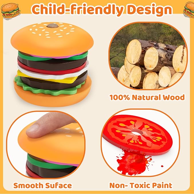 Jumlys Montessori Toys for 2, 3, 4, 5, Year Old, Wooden Burger Stacking Toys, Fine Motor Toys for Kids Boys Girls, Ideal Preschool Educational and Learning Toys, Perfect Christmas Birthday Gifts