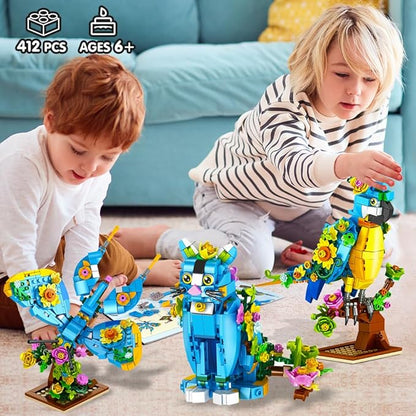 3 in 1 Flower Cat Parrot Butterfly Building Set, Animal Figures Building Toy for Home Office Art Decor, 412 PCS Building Block Gift for Kids Boys Girls Ages 6 7 8 9 10 11 12+ Adults