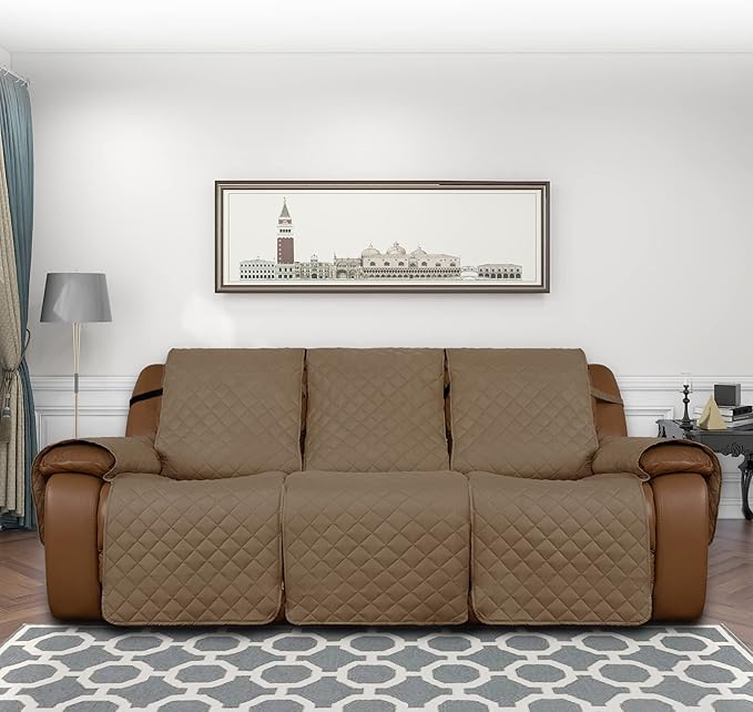 Easy-Going Oversized Recliner Sofa Cover, Reversible Couch Cover for 3 Seat Recliner, Split Sofa Cover for Each Seat with Elastic Straps for Kids, Dogs, Pets (3 Seater, Camel/Camel)
