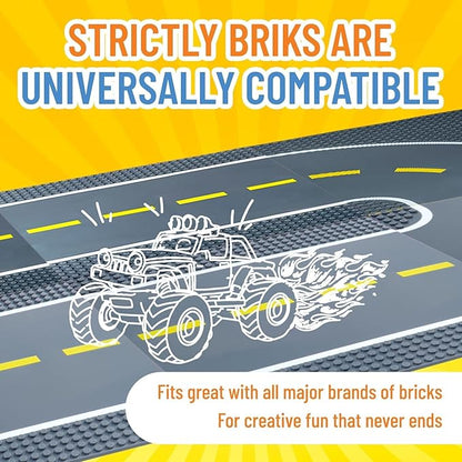 Strictly Briks Building Blocks Road Plates 10" x 10", 4 Pack City Road Classic Baseplates for Highway Bridge, Street, Race Track, Compatible with All Major Brands (2 Straight, 2 Curved, 30 Stackers)