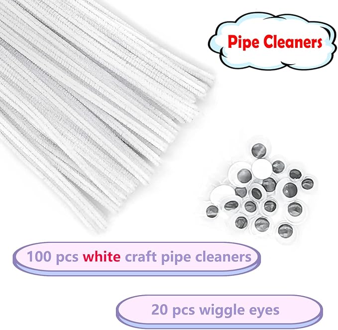 Cldamecy 100 pcs White Pipe Cleaners with 20 pcs Googly Eyes,Chenille Stems for Craft Project,Craft Pipe Cleaners for DIY Projects,Arts and Holiday Decoration