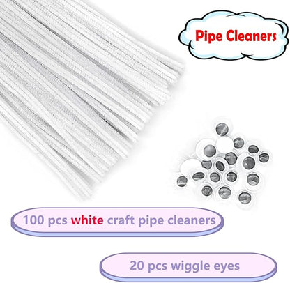 Cldamecy 100 pcs White Pipe Cleaners with 20 pcs Googly Eyes,Chenille Stems for Craft Project,Craft Pipe Cleaners for DIY Projects,Arts and Holiday Decoration