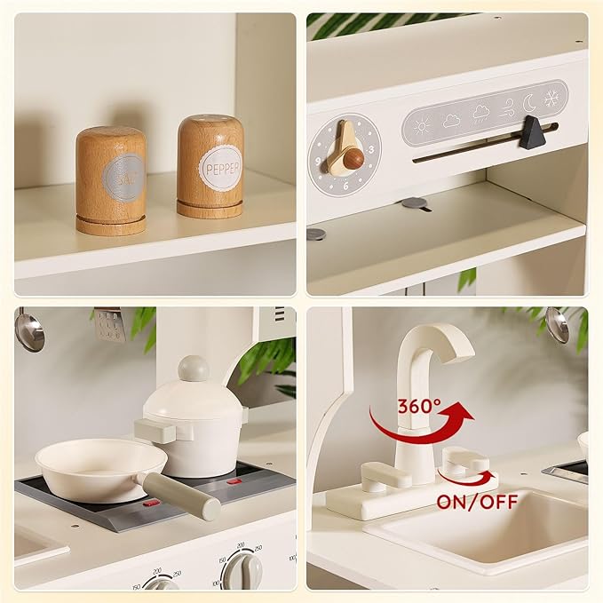 SainSmart Jr. Kitchen for Kids, Wooden Play Kitchen with Toy Storage System, Toy Kitchen Set with Plenty of Play Features, Kids Play Kitchen Designed, Gift for Ages (Cream White)