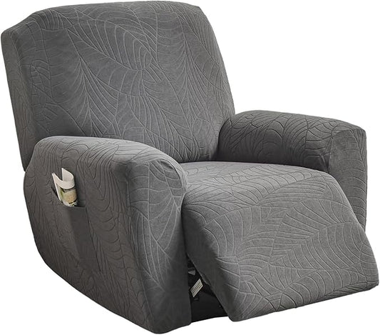 NILUOH Stretch Recliner Chair Cover 4-Pieces Recliner Covers for Large Recliner Jacquard Lazy Boy Chair Covers Soft Reclining Chair Cover Furniture Protector with Elastic Bottom (Leaf Dark Grey)