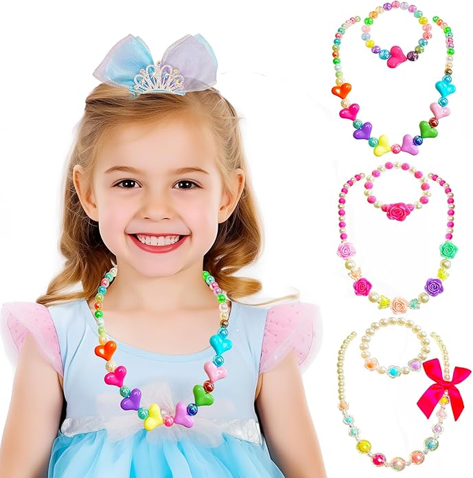 Necklaces and Bracelets for Girls, Little Girl Princess Pretend Play and Dress Up Jewelry Set, Party Favors Jewelry for Kids, Little Princess Jewelry Gift, 6 Sets