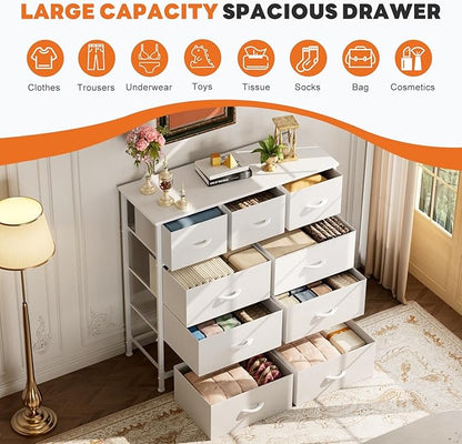 Sweetcrispy 9-Drawer Fabric Dresser Storage Tower with Wood Top and Steel Frame, Organizer Chest with Easy Pull Handles for Bedroom, Closet, Hallway,Pure White