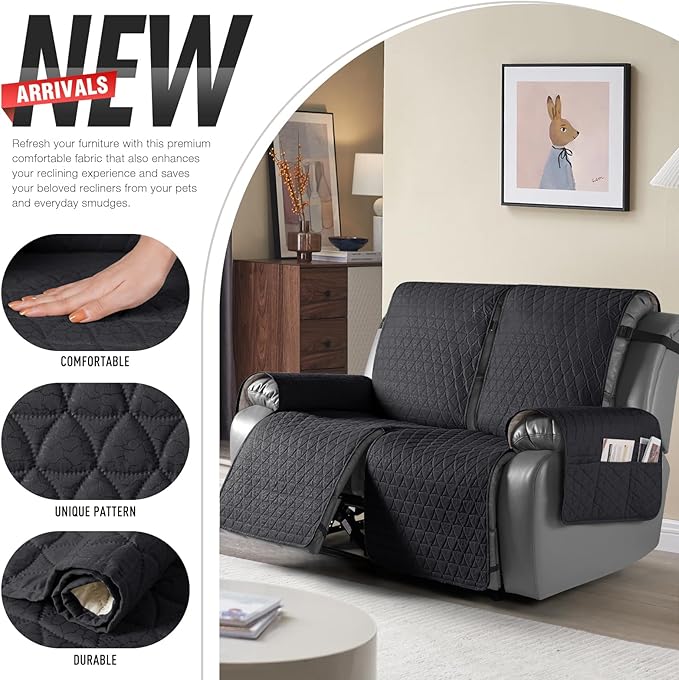 TAOCOCO 100% Waterproof Loveseat Recliner Cover-Recliner Cover with Non-Slip Granule, Recliner Chair Covers with Elastic Band,Washable Recliner Chair/Furniture Protector for Pets(Black, 2 Seater)