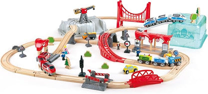 Hape City Railway and Train Bucket Set Toy with Hoisting Magnetic Crane for Trains, Trucks, and Cargo for Kids Ages 3 and Up, Multicolor