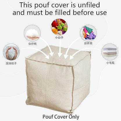 Louis Donné Unstuffed Pouf Ottoman Footstool Cover Handmade Faux PU Leather Moroccan footrest Cover for Living Room Storage Clothes blancket Balcony Office Outdoor Square Beige 17.7"(Only Cover)