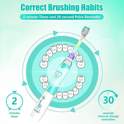 Kids Electric Toothbrush Toddler Toothbrush Age 2-4-8-12 Electric Toothbrush Kids with Timer Rainbow LED Light Up Vibrating Toothbrush Battery Operated Childrens Sonic Tooth Brush (Green Giraffe)