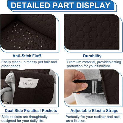 100% Waterproof Recliner Chair Covers That Stay in Place, Non-Slip Recliner Cover with 5 Pockets, Elastic Straps, Washable Reclining Chair Protector for Kids, Pets, Dogs, Chocolate