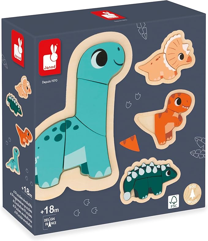 Janod 4 FSC Wood Dinosaur Progressive Puzzles-2 to 5 Pieces-Children’s Toys-Educational Games-Early-Years Toys-18 Months +, J05824, Multicolor