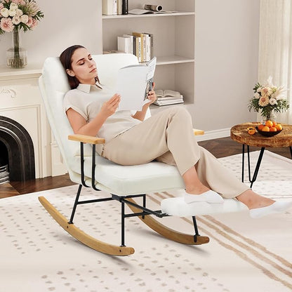 Rocking Chair with Footrest-Glider Rocker Chair with Retractable Footrest and Adjustable Backrest, Teddy Upholstered Rocking Chair Set of 2, Accent Chair for Living Room/Nursery/Bedroom/Outdoor-Beige