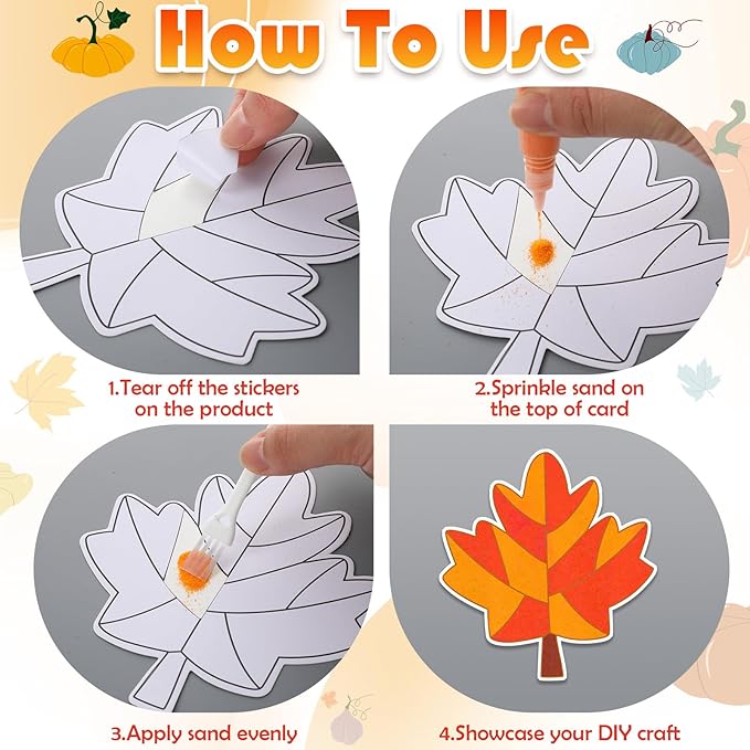 24 Sets Thanksgiving Sand Art Craft Kit for Kids Turkey Maple Leaf Pumpkin Fall DIY Sand Painting Kit with Colored Sand Brushes Make Your Own Sand Art for Thanksgiving Party Home Activities