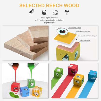 Face Changing Building Blocks Game, Wooden Expression of Face Change Magic Cube Educational Puzzles Toy Fidget Toys Cube Mini Board Game for Kids and Adults with 72 Cards (Medium)