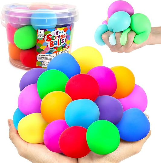 Squishy Stress Balls for Kids Adults: 18 Pack Stretchy Fidget Ball for Nervousness Stress Relief, Hand Therapy Sensory Squeeze Ball, Fidget Classroom Must Haves, Party Favors for Kids 3-12