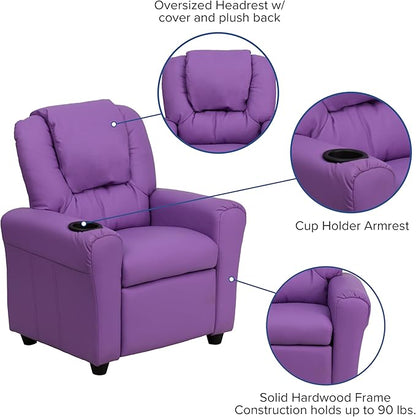 Flash Furniture Vana Vinyl Kids Recliner with Cup Holder, Headrest, and Safety Recline, Contemporary Reclining Chair for Kids, Supports up to 90 lbs., Lavender