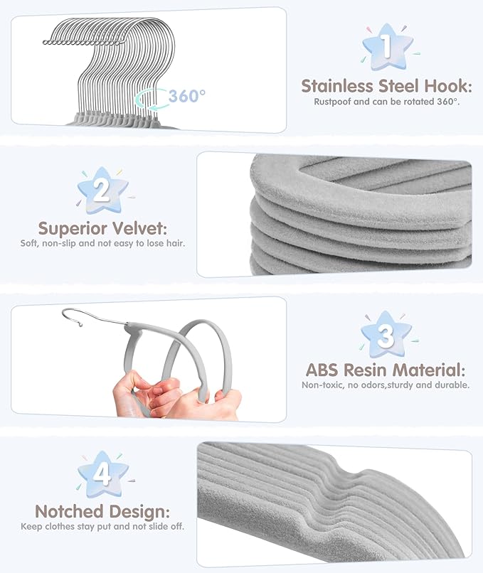 Baby Hangers, VIS'V 11 Inch Gray Velvet Kids Hangers with 6 Pcs Size Dividers Non Slip Nursery Children Closet Clothes Hangers for Infant Toddler Girls and Boys 50 Pcs
