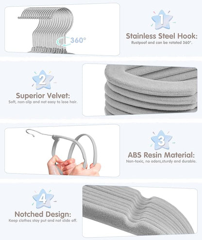 Baby Hangers, VIS'V 11 Inch Gray Velvet Kids Hangers with 6 Pcs Size Dividers Non Slip Nursery Children Closet Clothes Hangers for Infant Toddler Girls and Boys 50 Pcs