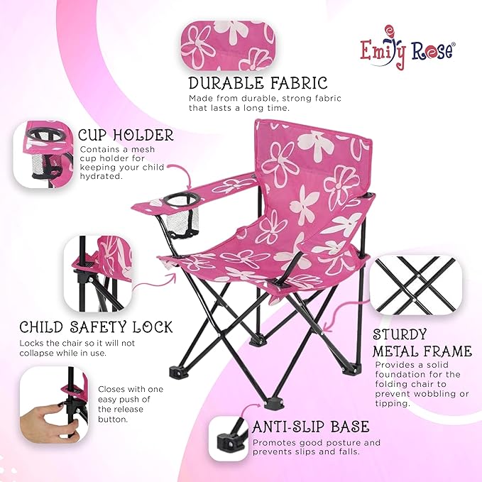 Emily Rose Kids Folding Chair | USA Company | Pink Kid Beach Chair with Safety Lock- Camping Chair for Girls Toddler with Cup Holder & Carry Case- Tailgate, Travel, Beach, Lawn- for Indoor & Outdoor