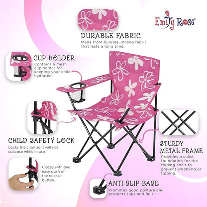 Emily Rose Kids Folding Chair | USA Company | Pink Kid Beach Chair with Safety Lock- Camping Chair for Girls Toddler with Cup Holder & Carry Case- Tailgate, Travel, Beach, Lawn- for Indoor & Outdoor