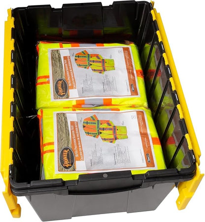 Akro-Mils KeepBox 12 Gallon Storage Container, Nesting and Stackable Plastic Storage Box with Lid Attached, Organizer Tote for Garages, Closets, and Moving, 21-1/2" x 15" x 12-1/2", Black/Yellow