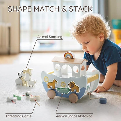 Joyreal Wooden Noah's Ark Toy for 1 Year Old Baby Boy and Girl Baptism Gift - Neutral Color Montessori Educational Toy with Animal Shape Sorter - Christian Toys for Toddler 1-3 Christmas Birthday Gift