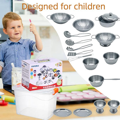 Mini Size Kids Kitchen Pretend Play Toys Accessories with Stainless Steel Cookware Pots and Pans Set,Classic Kitchen Accessories Cooking Utensils Set Tiny Role Play Cooking Play Toy for Kids Toddlers