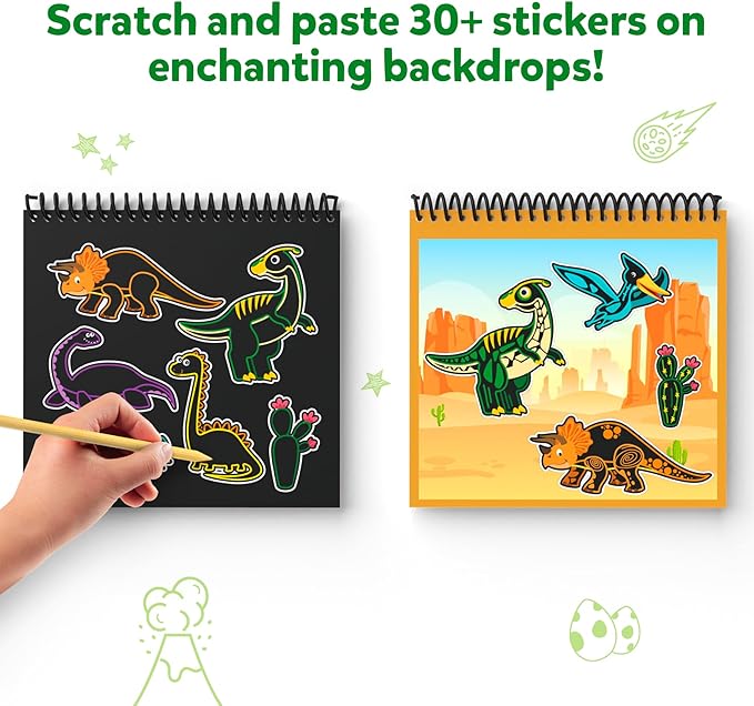Skillmatics Magical Scratch Art Book for Kids - Dinosaurs, Craft Kits & Supplies, DIY Activity & Stickers, Gifts for Toddlers, Girls & Boys Ages 3, 4, 5, 6, 7, 8, Travel Toys