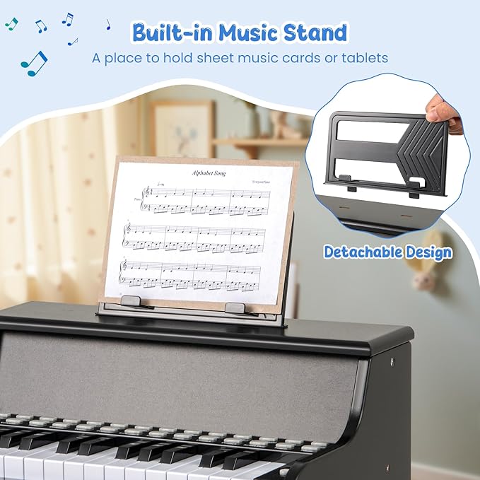 HONEY JOY Wooden Kids Piano, 25 Lighted Keys Kids Keyboard Piano w/Music Stand, Bench, Early Learning Educational Musical Instrument, Baby Music Toy for 3+ Years Old Toddlers Boys Girls (Black)