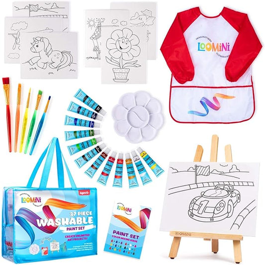 Paint Set for Kids | Premium Art Supplies for Boys & Girls | 27 Piece Washable Paint Set Includes Canvas Panels Paint Brushes Kids Apron Tabletop Art Easel & Storage Travel Bag