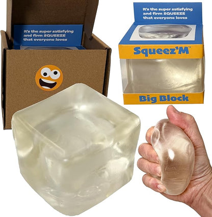 Premium Big Block Glass Squeez'M Cube – 35% Larger Than The Standard Squishy Cube, Toy for Kids & Adults - Sensory Fidget for Stress Relief – Clear Durable, Gift-Ready – ASTM Certified 3+
