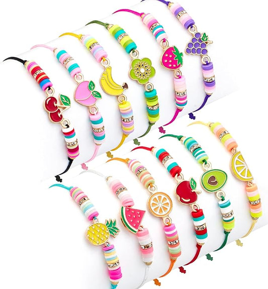 12 Pcs Kids Bracelet for Girls Toddler Jewelry Fruits Summer Princess Party Favors Friendship Bracelets Adjustable Pretend Play Luau Goodie Bag Classroom Reward