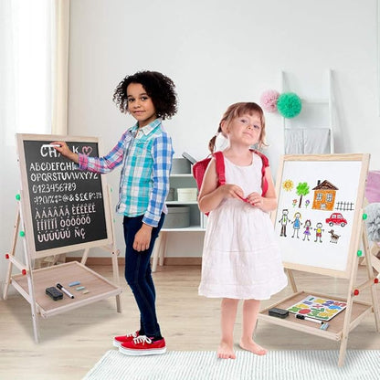 2-in-1 Easel for Kids, Height Adjustable Double Sided Art Painting Activity Easel Standing Wooden Dry Erase Board with Whiteboard Chalkboard for Toddlers Boys Girls