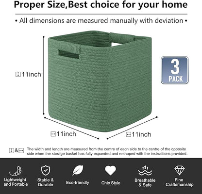OIAHOMY Storage Cubes 11 Inch Storage Bins-3 Pack, Cotton Rope Woven Baskets for Organizing, Square Baskets for Shelves Organizer, Classroom, Toy Basket, Green