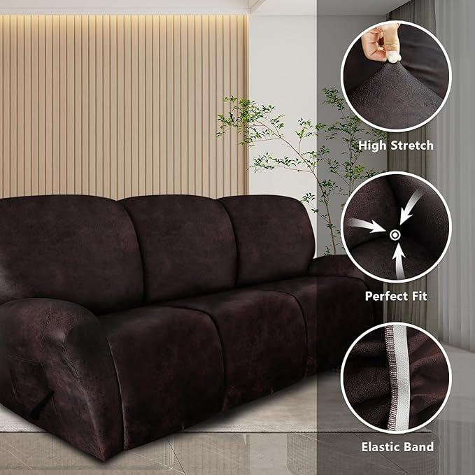 molasofa Recliner Sofa Covers - 8 Pieces Stretch Leather Like Large Couch Covers for 3 Seats Reclining Slipcovers Soft Jacquard Pattern Furniture Protector with Elastic Bottom (Chocolate)