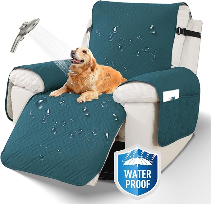 XINEAGE 100% Waterproof Recliner Cover, Non Slip Recliner Chair Cover with Elastic Band, Washable Recliner Slipcover with Storage Pockets for Kids, Pets (Blackish Green, 23")