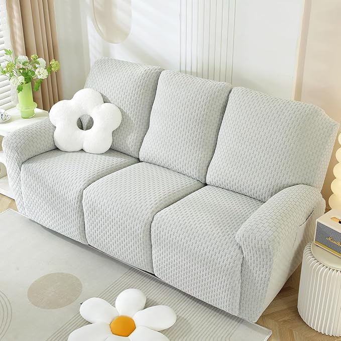 vctops 8 Pieces Jacquard Plush Recliner Sofa Covers Stretch Soft 3 Seats Couch Cover Anti-Slip Solid Color Sofa Slipcover Furniture Protector with Elastic Bottom for Kids Pet (Light Grey,3 Seat)