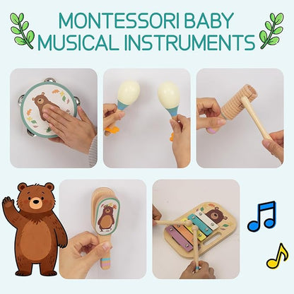 Wooden Musical Instruments Set for Toddlers, Natural Wood Percussion Instruments Xylophone Gift Set for Girls Boys Kids ,Preschool Educational Musical Toys with Storage Bag (Blue Set)