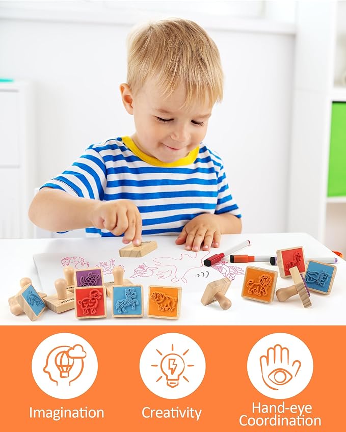 Coogam Wooden Animal Stamps Printing Toy Set, 20pcs Color Shape Stamping for DIY Scrapbook Arts Crafts Supplies Party Favor Toy Gift with Markers Suitable for 3 4 5 Year Old Kids