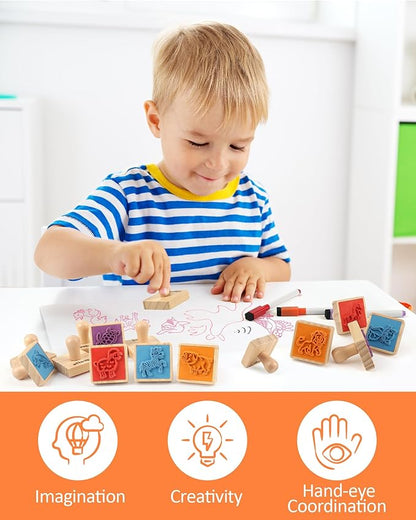 Coogam Wooden Animal Stamps Printing Toy Set, 20pcs Color Shape Stamping for DIY Scrapbook Arts Crafts Supplies Party Favor Toy Gift with Markers Suitable for 3 4 5 Year Old Kids