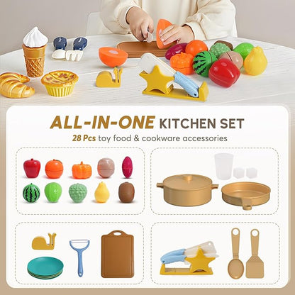 BIERUM Coner Wooden Play Kitchen with Real Lights & Sounds, Trendy Home Style Kitchen Playset, Toy Kitchen with 28 Pcs Toy Food & Cookware Accessories, Gift for Boys & Girls Ages 3+