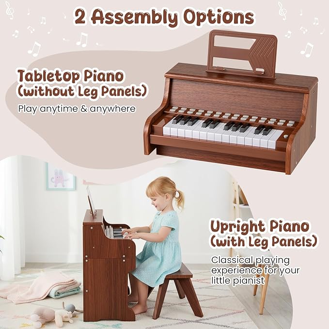 HONEY JOY Wooden Kids Piano, 25 Lighted Keys Kids Keyboard Piano w/Music Stand, Bench, Early Learning Educational Musical Instrument, Baby Music Toy for 3+ Years Old Toddlers Boys Girls (Brown)