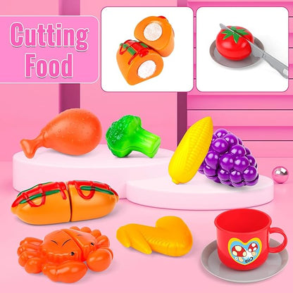 deAO Kids BBQ Grill Playset,36 Pcs Kitchen Toy with Realistic Smoke,Light,6Pcs Change Color Pretend Foods,Cutting Foods Toys,Interactive BBQ Toy Set for Kids