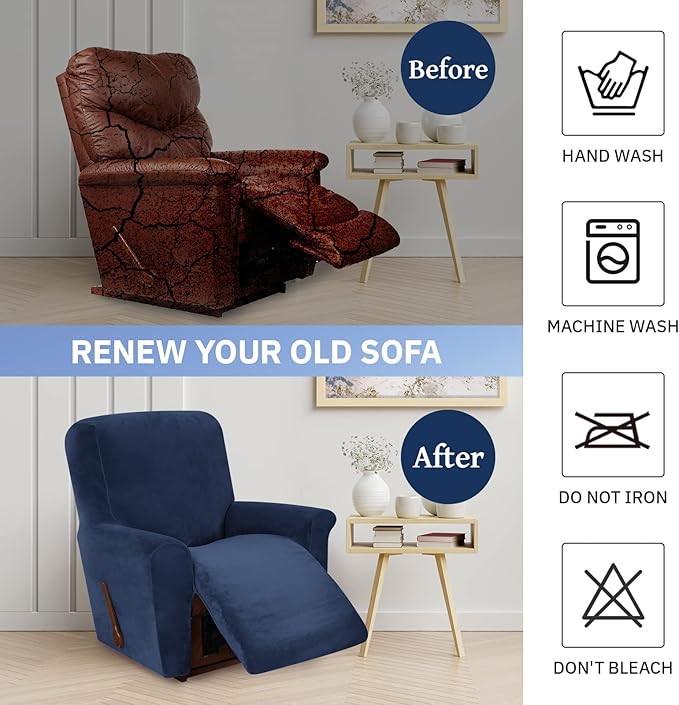 WEERRW Velvet High Stretch Recliner Chair Cover 1 Piece Recliner Couch Cover, Washable Furniture Protector with Non Slip Elastic Bottom for Kids and Pets, Navy Blue