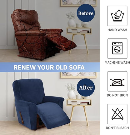WEERRW Velvet High Stretch Recliner Chair Cover 1 Piece Recliner Couch Cover, Washable Furniture Protector with Non Slip Elastic Bottom for Kids and Pets, Navy Blue