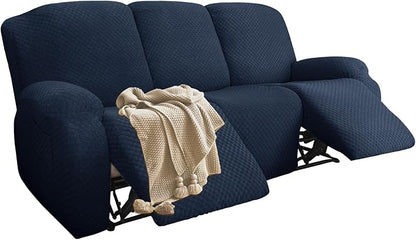 Stretch Jacquard Recliner Sofa Covers 3 Seat Soft Recliner Chair Covers Sofa Slipcover with Pocket and Elastic Bottom Furniture Protector for Kid,Pets（Checks,Navy Blue）