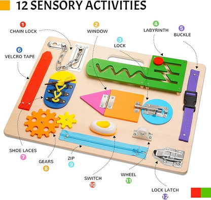 Montessori Busy Board for Toddlers, Wooden Sensory Toys, Preschool Learning Activities for Fine Motor Skills Travel Toy, Basic Life Skills Educational Gifts for 1 2 3 Years Old Kids Boys Girls